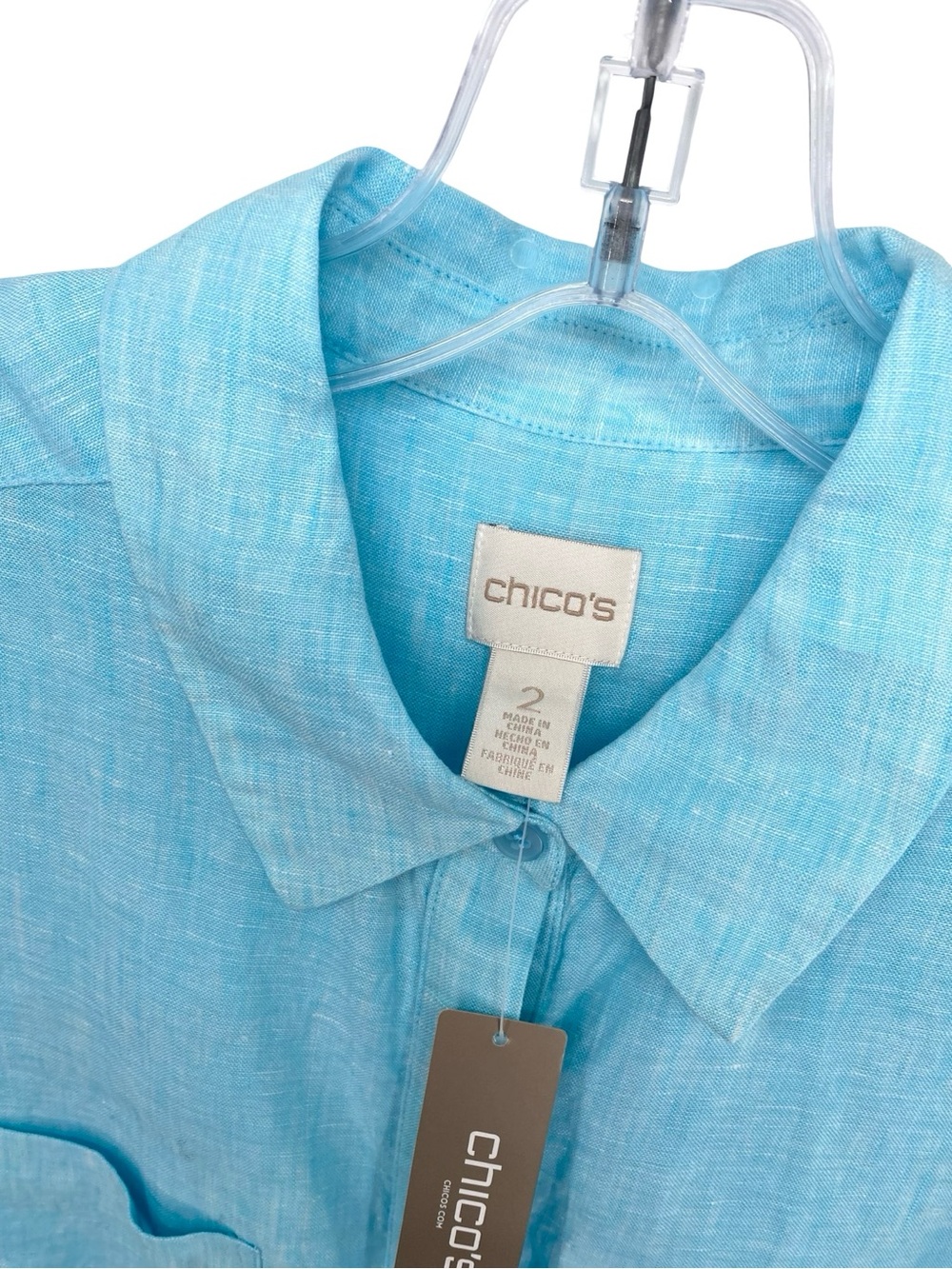 Chico’s Linen Side Slit Tunic Shirt in Aqua Button Down New Size Large - Picture 4 of 11